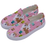 Corgi Bubble Boba Tea Pink Pattern Kids  Canvas Slip Ons