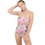 Corgi Bubble Boba Tea Pink Pattern Frilly One Shoulder Swimsuit