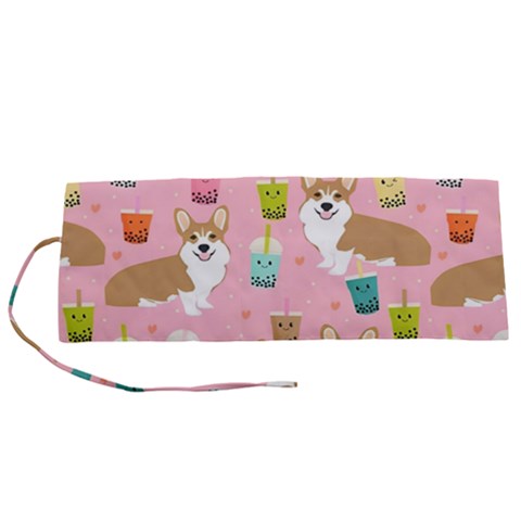 Corgi Bubble Boba Tea Pink Pattern Roll Up Canvas Pencil Holder (S) from ArtsNow.com