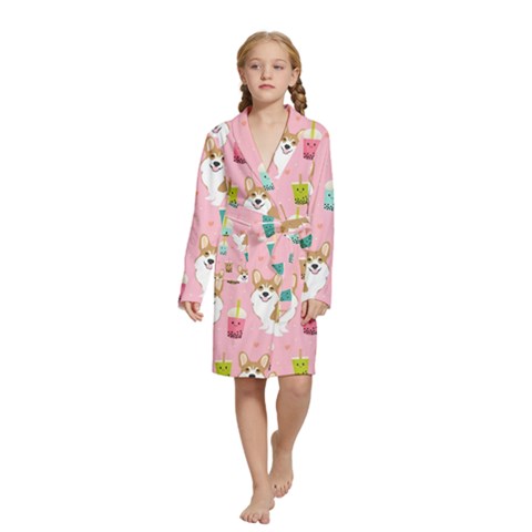 Corgi Bubble Boba Tea Pink Pattern Kids  Long Sleeve Velvet Lounge Robe from ArtsNow.com