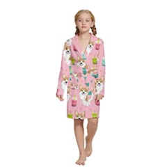 Corgi Bubble Boba Tea Pink Pattern Kids  Long Sleeve Velvet Lounge Robe from ArtsNow.com