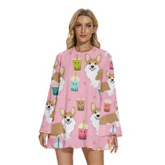 Round Neck Long Sleeve Bohemian Style Chiffon Mini Dress 