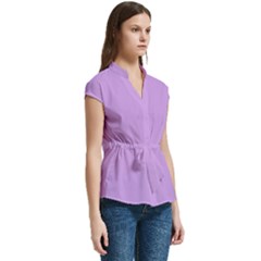 Women s Cap Sleeve Mandarin Collar Waist Tie Blouse 