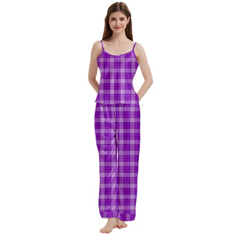 Purple Plaid Tartan 3 Spaghetti Top Long Pants Satin Pajamas Set from ArtsNow.com