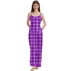 Purple Plaid Tartan 3 Spaghetti Top Long Pants Satin Pajamas Set from ArtsNow.com