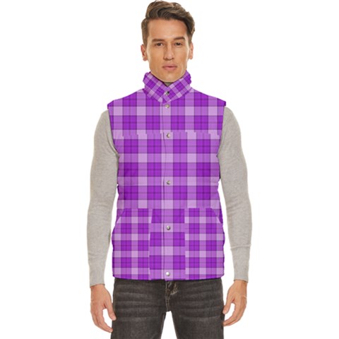 Purple Plaid Tartan 3 Men s High Neck Button Up Puffer Vest from ArtsNow.com