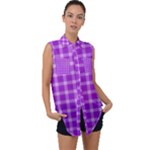 Purple Plaid Tartan 3 Sleeveless Chiffon Button Shirt