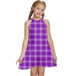 Purple Plaid Tartan 3 Kids  Halter Collar Waist Tie Chiffon Dress