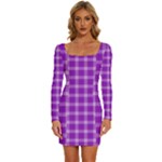 Purple Plaid Tartan 3 Long Sleeve Square Neck Bodycon Velvet Dress