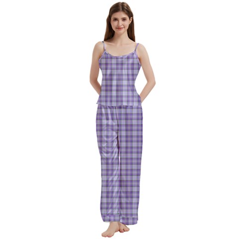 Purple Plaid Tartan 2 Spaghetti Top Long Pants Satin Pajamas Set from ArtsNow.com