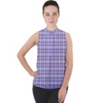 Purple Plaid Tartan 2 Mock Neck Chiffon Sleeveless Top