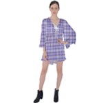 Purple Plaid Tartan 2 V-Neck Flare Sleeve Mini Dress