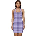 Purple Plaid Tartan 2 Sleeveless Wide Square Neckline Ruched Bodycon Dress