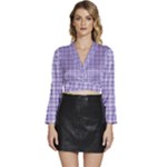 Purple Plaid Tartan 2 Long Sleeve Tie Back Satin Wrap Top