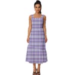 Purple Plaid Tartan 2 Square Neckline Tiered Midi Dress