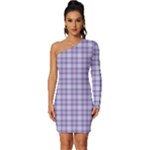 Purple Plaid Tartan 2 Long Sleeve One Shoulder Mini Dress