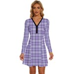 Purple Plaid Tartan 2 Long Sleeve Deep V Mini Dress 