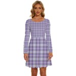 Purple Plaid Tartan 2 Long Sleeve Wide Neck Velvet Dress