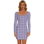 Purple Plaid Tartan 2 Long Sleeve Square Neck Bodycon Velvet Dress