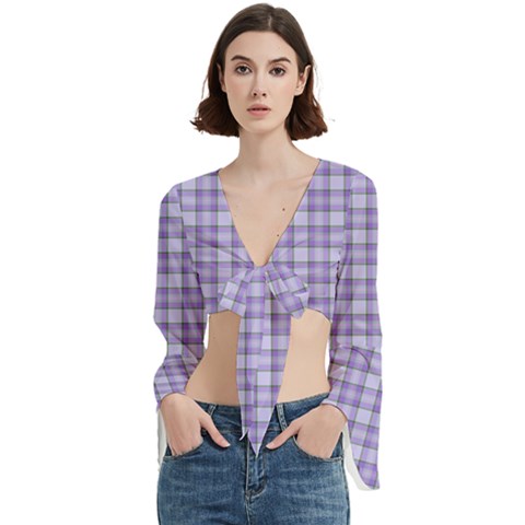 Purple Plaid Tartan 2 Trumpet Sleeve Cropped Top from ArtsNow.com