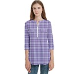 Purple Plaid Tartan 2 Women s Zip Front V-Neck 3/4 Sleeve Casual Top Pocket Shirt