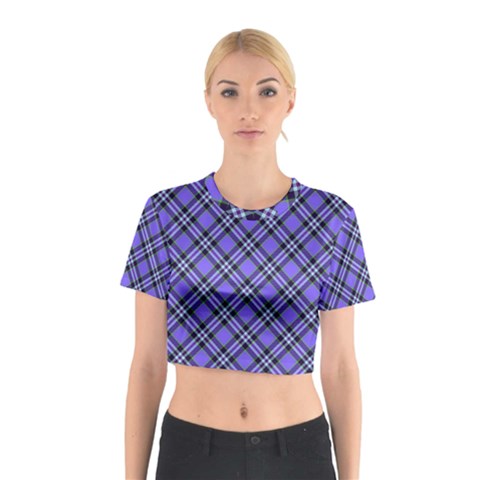 Blue Tartan Plaid 1 Diagonal Cotton Crop Top from ArtsNow.com