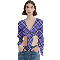 Blue Tartan Plaid 1 Diagonal Trumpet Sleeve Cropped Top from ArtsNow.com