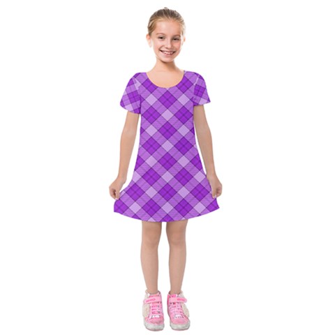 Purple Plaid Tartan 3 Diagonal (2) Kids  Short Sleeve Velvet Dress from ArtsNow.com