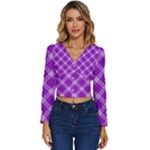 Purple Plaid Tartan 3 Diagonal (2) Long Sleeve V-Neck Top