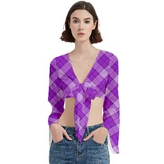 Purple Plaid Tartan 3 Diagonal (2) Trumpet Sleeve Cropped Top from ArtsNow.com