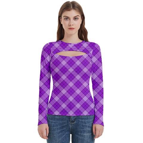 Purple Plaid Tartan 3 Diagonal (2) Women s Cut Out Long Sleeve T