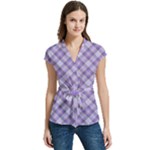 Purple Plaid Tartan 2 Diagonal Women s Cap Sleeve Mandarin Collar Waist Tie Blouse