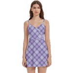 Purple Plaid Tartan 2 Diagonal Body Wrap Sleeveless V-Neck Mini Dress