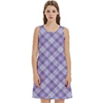 Purple Plaid Tartan 2 Diagonal Round Neck Sleeve Casual Dress With Pockets