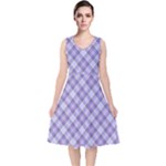 Purple Plaid Tartan 2 Diagonal V-Neck Midi Sleeveless Dress 