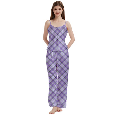 Purple Plaid Tartan 2 Diagonal Spaghetti Top Long Pants Satin Pajamas Set from ArtsNow.com