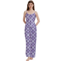 Purple Plaid Tartan 2 Diagonal Spaghetti Top Long Pants Satin Pajamas Set from ArtsNow.com