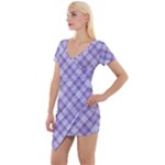 Purple Plaid Tartan 2 Diagonal Short Sleeve Asymmetric Mini Dress