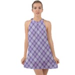 Purple Plaid Tartan 2 Diagonal Halter Tie Back Chiffon Dress