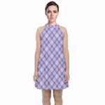 Purple Plaid Tartan 2 Diagonal Velvet Halter Neckline Dress 