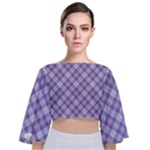 Purple Plaid Tartan 2 Diagonal Tie Back Butterfly Sleeve Chiffon Top