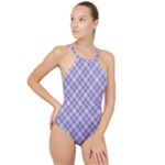 Purple Plaid Tartan 2 Diagonal High Neck One Piece Swimsuit