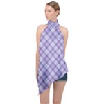 Purple Plaid Tartan 2 Diagonal Halter Asymmetric Satin Top