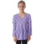 Purple Plaid Tartan 2 Diagonal Kids  V Neck Casual Top