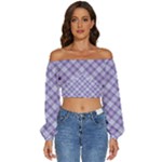 Purple Plaid Tartan 2 Diagonal Long Sleeve Crinkled Weave Crop Top