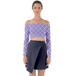 Purple Plaid Tartan 2 Diagonal Long Sleeve Off Shoulder Crop Top