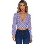 Purple Plaid Tartan 2 Diagonal Long Sleeve Deep-V Velour Top