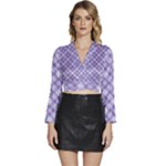 Purple Plaid Tartan 2 Diagonal Long Sleeve Tie Back Satin Wrap Top