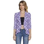 Purple Plaid Tartan 2 Diagonal Women s 3/4 Sleeve Ruffle Edge Open Front Jacket