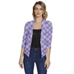 Purple Plaid Tartan 2 Diagonal Women s Draped Front 3/4 Sleeve Shawl Collar Jacket